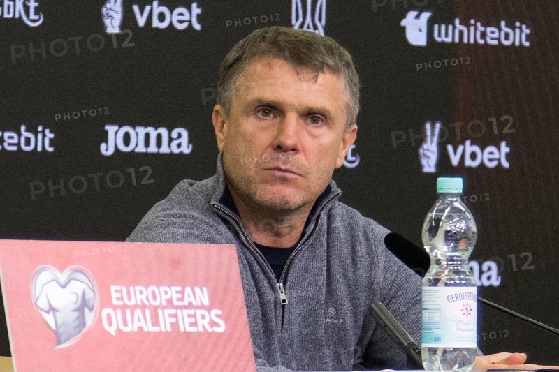 Coach Serhiy REBROV Ukraine pensive at the post-match press conference