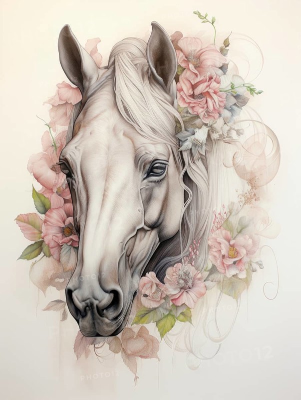 A serene and elegant illustration of a horse's head surrounded by soft-colored floral elements Ai generated
