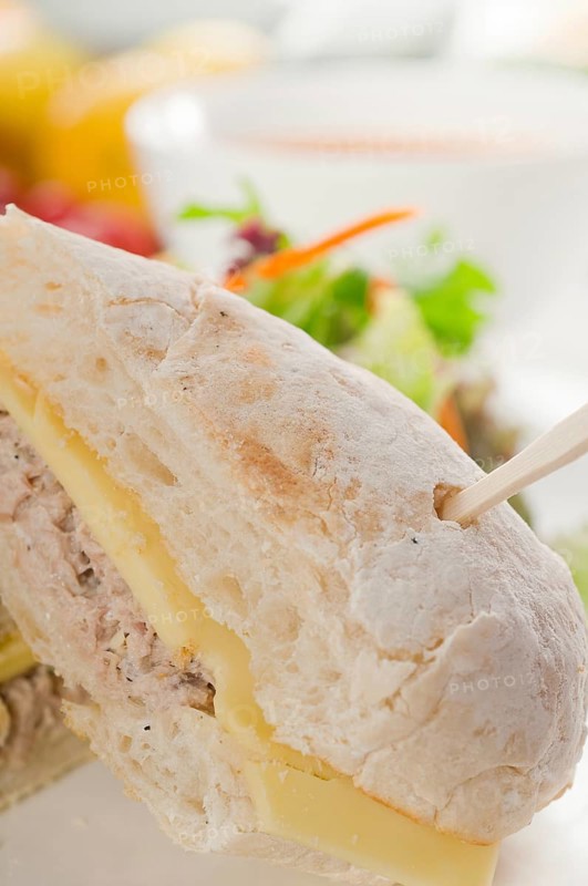 Tuna fish and cheese sandwich with fresh mixed salad
