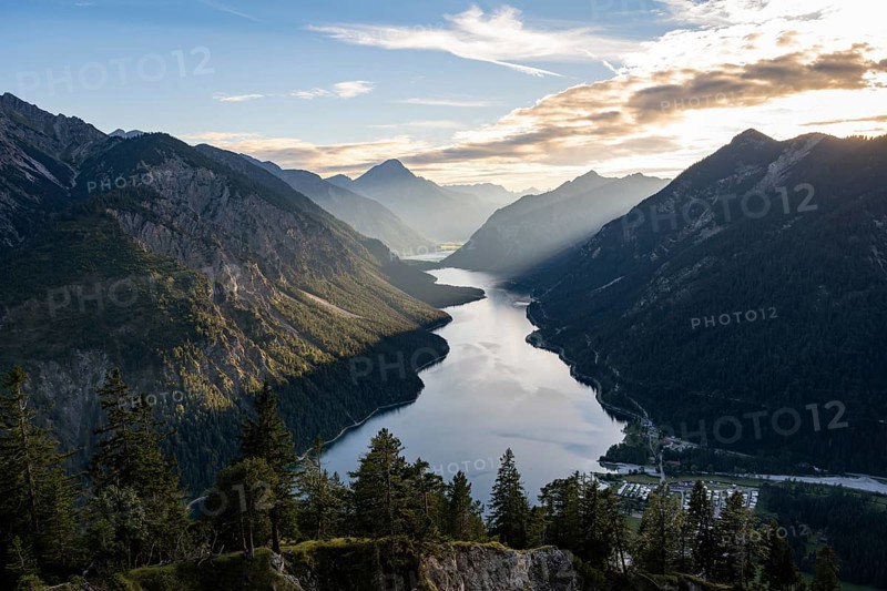 View of the Plansee lake from Schoenjoechl at sunset
