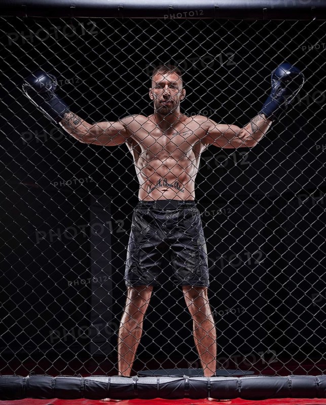 Dramatic image of a mixed martial arts fighter standing in an octagon cage. The concept of sports