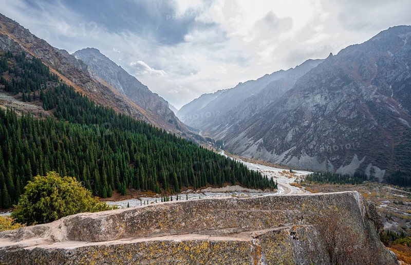View into the Ala Archa valley from the viewpoint at broken heart rock
