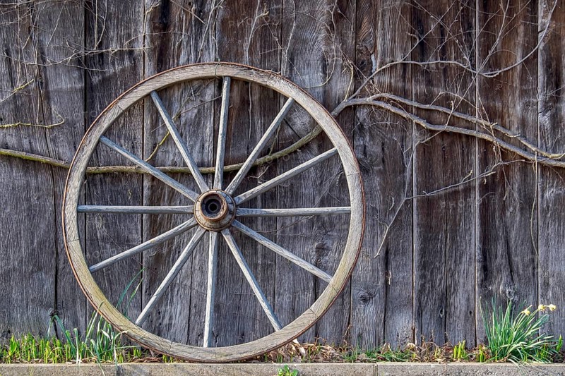 Old wagon wheel leaning against a barn wall