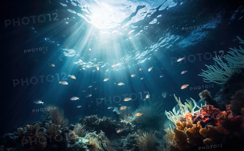 Underwater view of coral reef with sun rays shining through water surface Ai generated