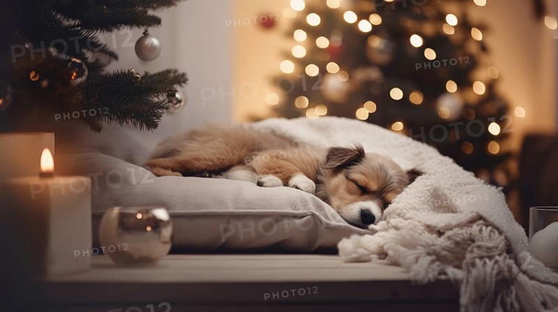 Cute dog sleeping on sofa in room with Christmas tree and lights Ai generated