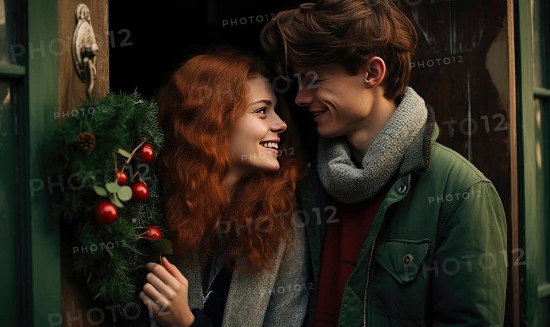 Young couple smiling together near home door decorated with mistletoe. Christmas holidays Ai generated