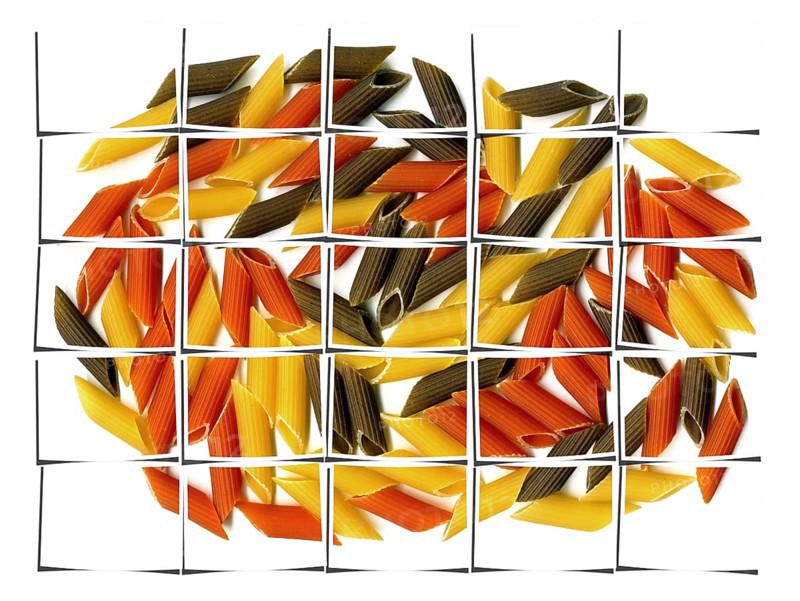 Penne italian pasta on white background collage composition of multiple images over white