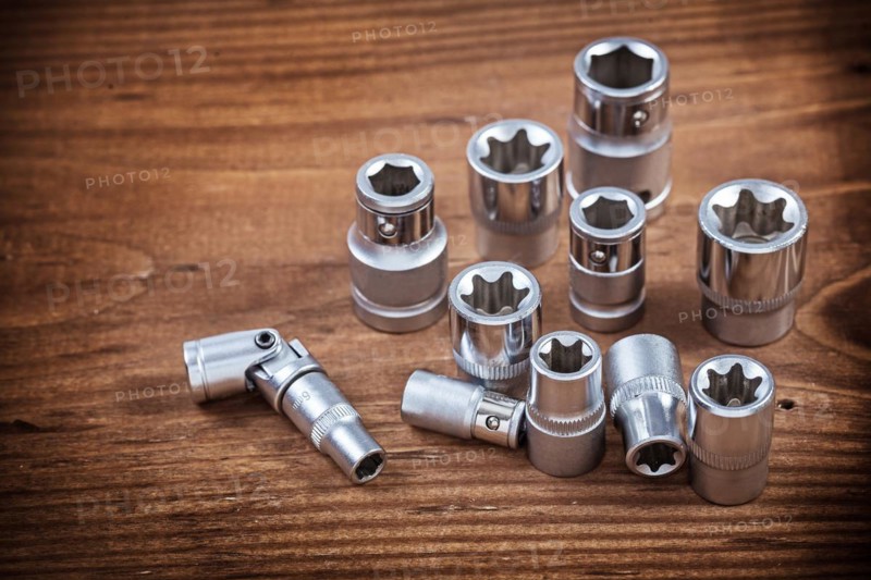 Torx set for socket spanner on wooden board