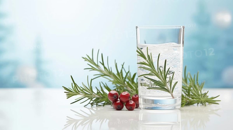 A clear glass of water decorated with pine branches and red berries on a reflective surface with a light blue backdrop Ai generated