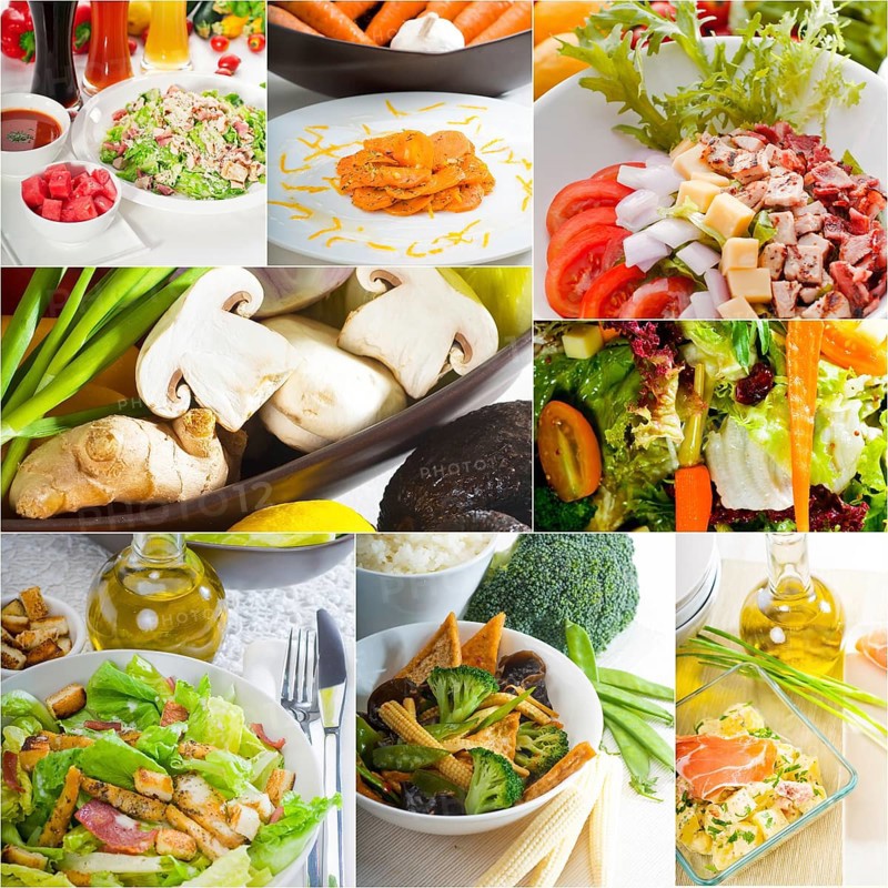 Mixwd fresh salad collage composition nested on a square frame