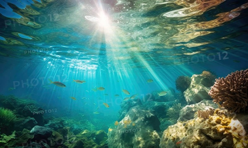 Underwater view of coral reef with sun rays shining through water surface