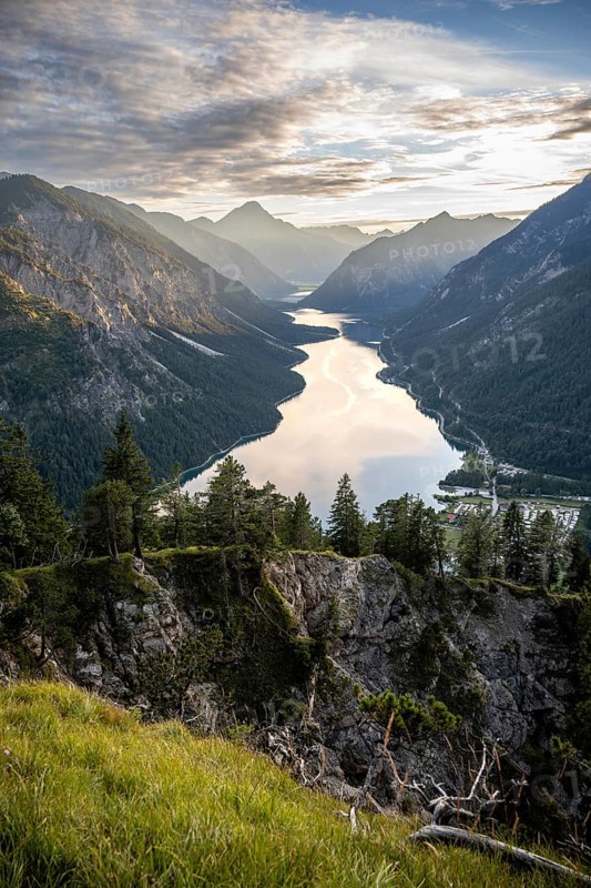 View of the Plansee lake from Schoenjoechl at sunset