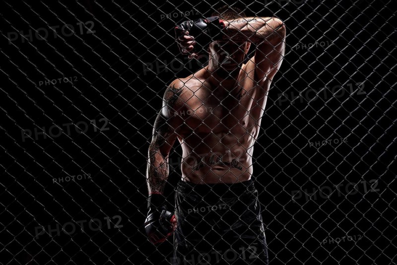 Dramatic image of a mixed martial arts fighter standing in an octagon cage. The concept of sports