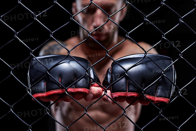 Dramatic image of a mixed martial arts fighter standing in an octagon cage. The concept of sports