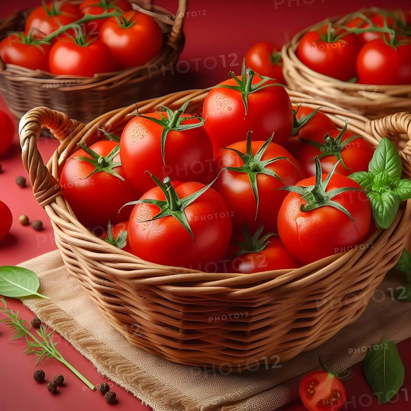 Organic vegetable tomatoes in a bamboo made basket. AI generated