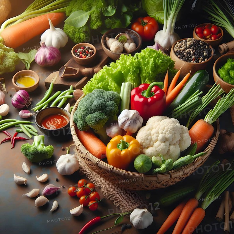 Assorted organic vegetables in a bamboo made basket. AI generated