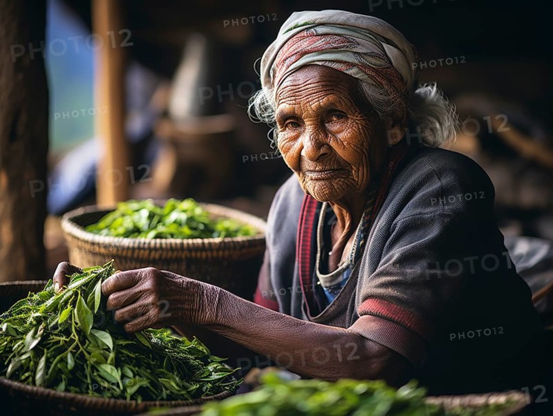An Indian woman in traditional clothing picking tea on a tea plantation