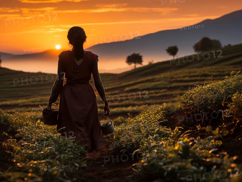 An Indian woman in traditional clothing picking tea on a tea plantation