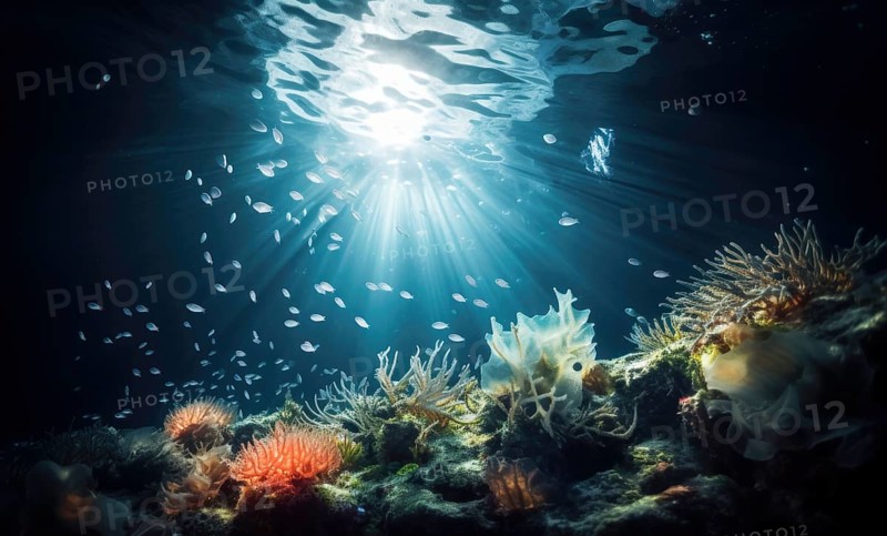 Underwater view of coral reef with sun rays shining through water surface Ai generated