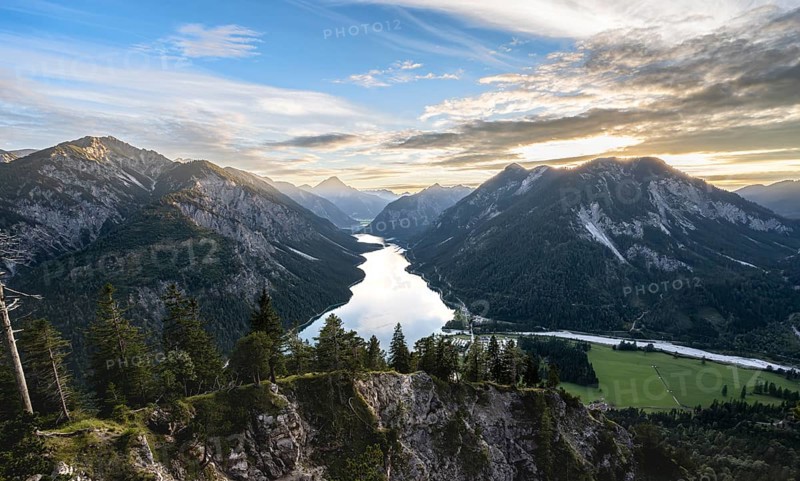View of the Plansee lake from Schoenjoechl at sunset