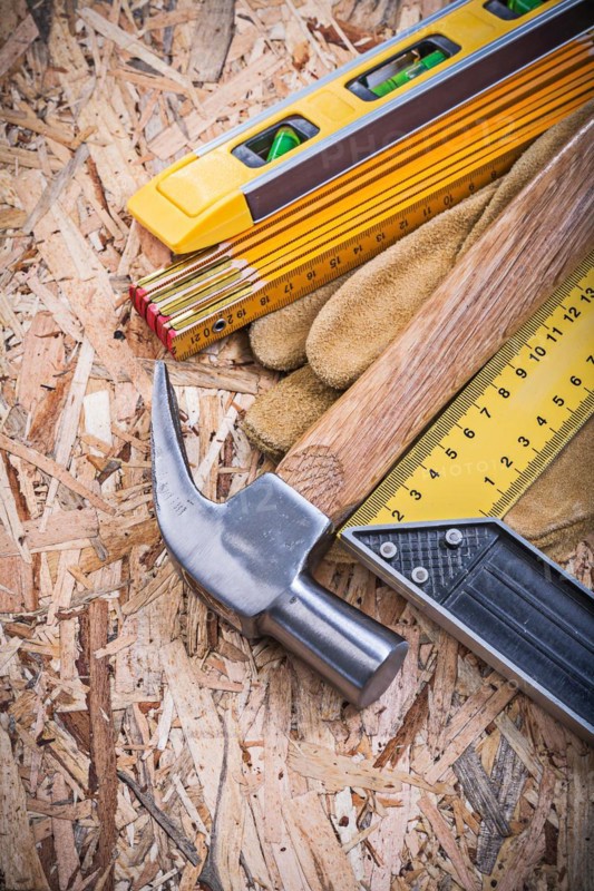 Claw hammer protective gloves construction level wooden meter square ruler