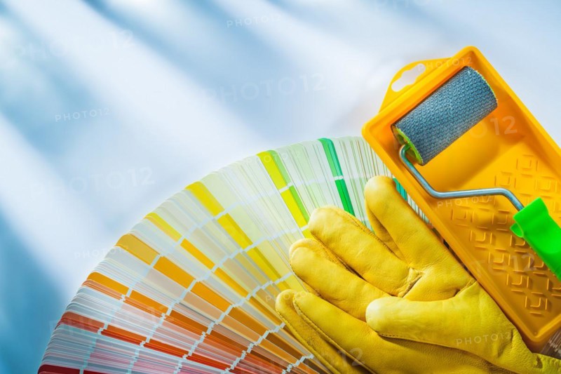 Composition of painting equipment on white background top view