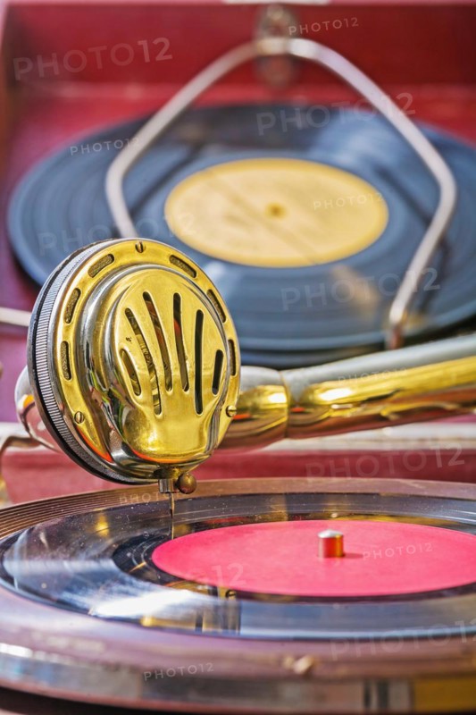 Close-up of the loudspeaker of an old gramophone