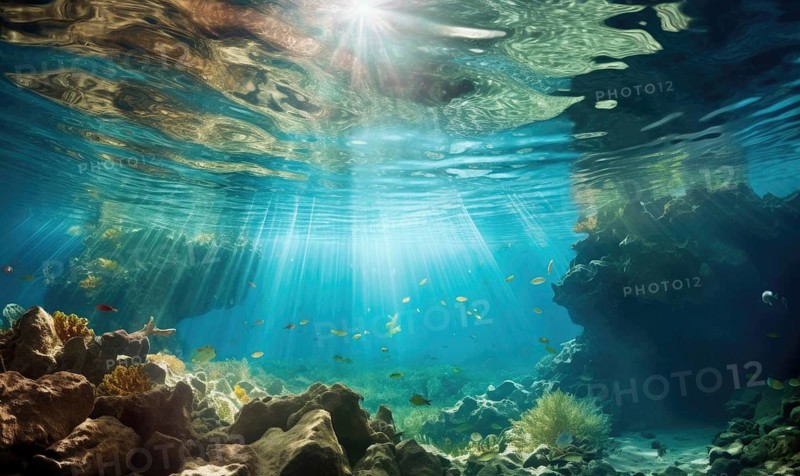 Underwater view of coral reef with sun rays shining through water surface Ai generated