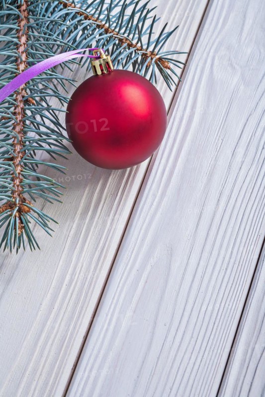 Copyspace picture mat red Christmas bauble and Christmas tree branch on white wooden panels