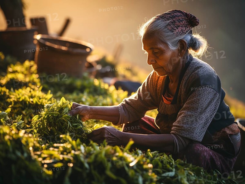 An Indian woman in traditional clothing picking tea on a tea plantation
