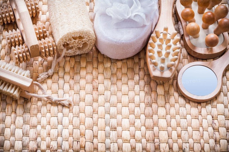 Healthy lifestyle collection of objects on pasture texture sauna concept