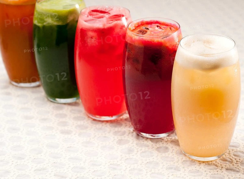 Selection of fresh fruits colorful long drink cocktails