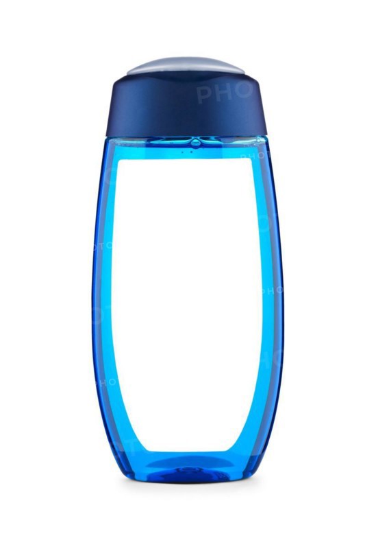 Blue shower bottle with label