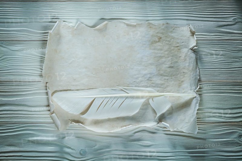 Quill vintage crumpled sheet of paper on wooden board