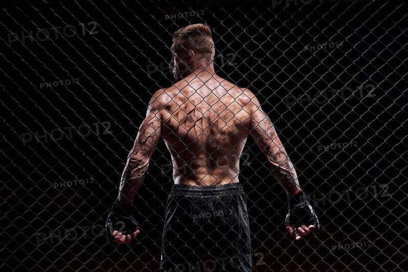 Dramatic depiction of a fighter in an octagon cage. Back view. The concept of sports