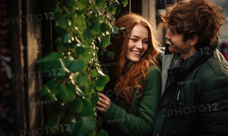 Young couple smiling together near home door decorated with mistletoe. Christmas holidays Ai generated