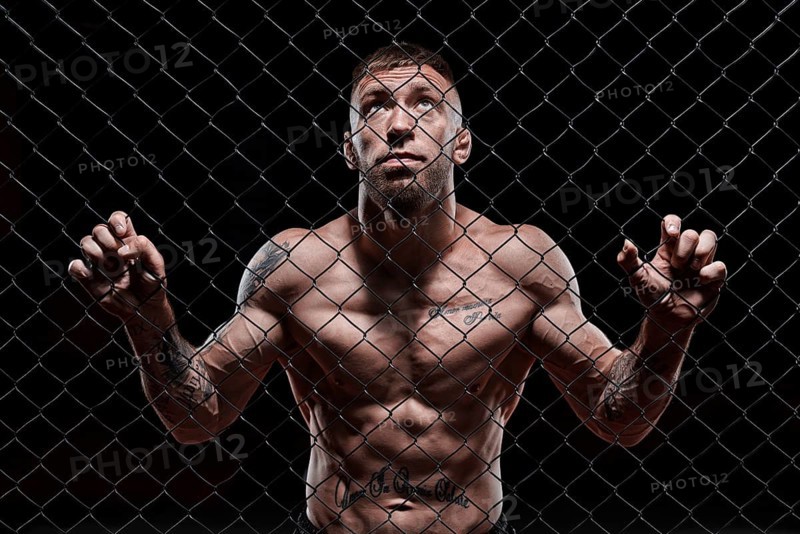 Dramatic image of a mixed martial arts fighter standing in an octagon cage. Powerful abdominal muscles. The concept of sports