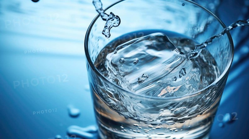 A clear glass filled with water capturing the dynamic splash and droplets in motion under a blue hue