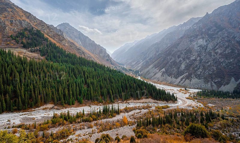View into the Ala Archa valley from the viewpoint at broken heart rock