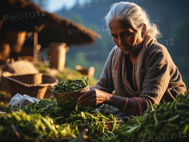 An Indian woman in traditional clothing picking tea on a tea plantation