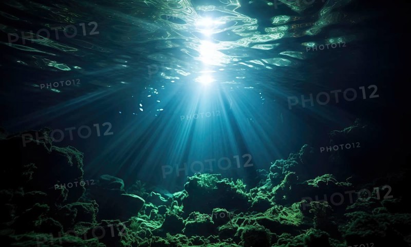 Underwater view of coral reef with sun rays shining through water surface Ai generated