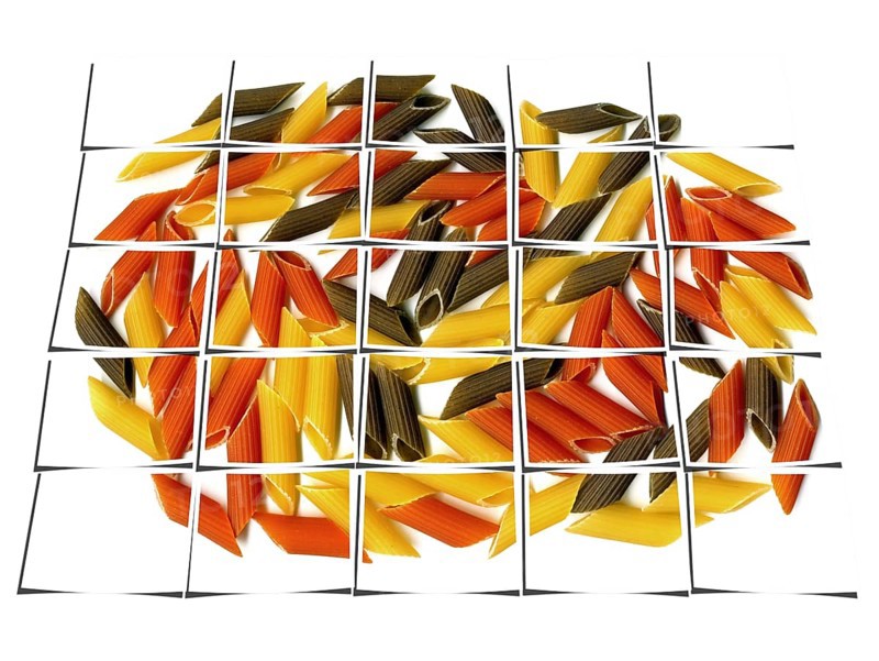 Penne italian pasta on white background collage composition of multiple images over white