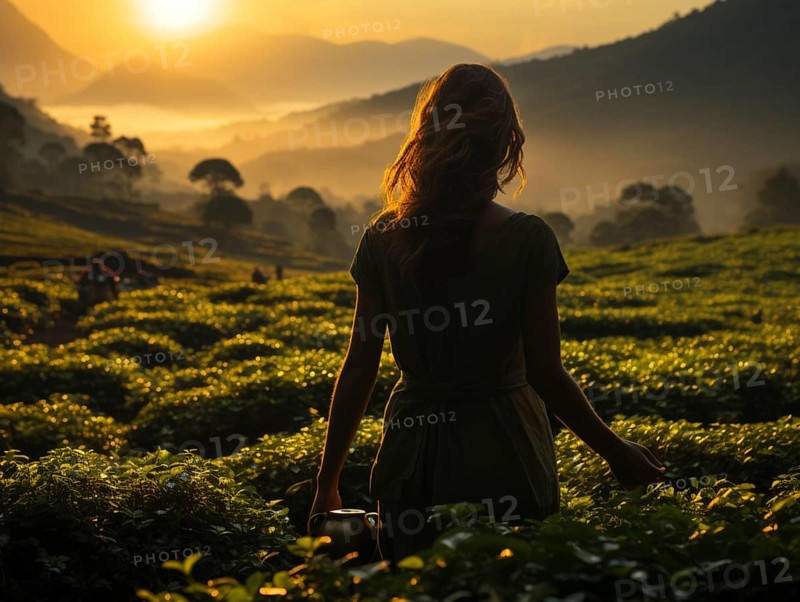 An Indian woman in traditional clothing picking tea on a tea plantation