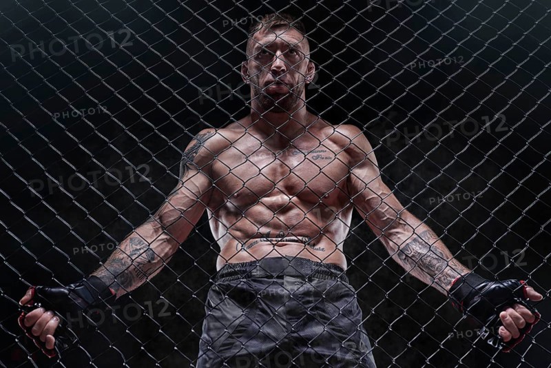 Dramatic image of a mixed martial arts fighter standing in an octagon cage. The concept of sports
