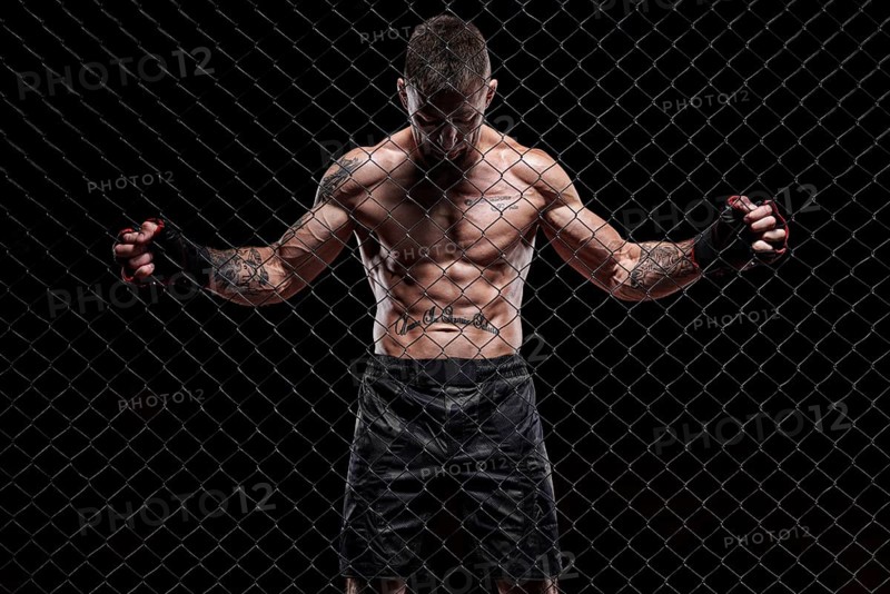 Dramatic image of a mixed martial arts fighter standing in an octagon cage. The concept of sports