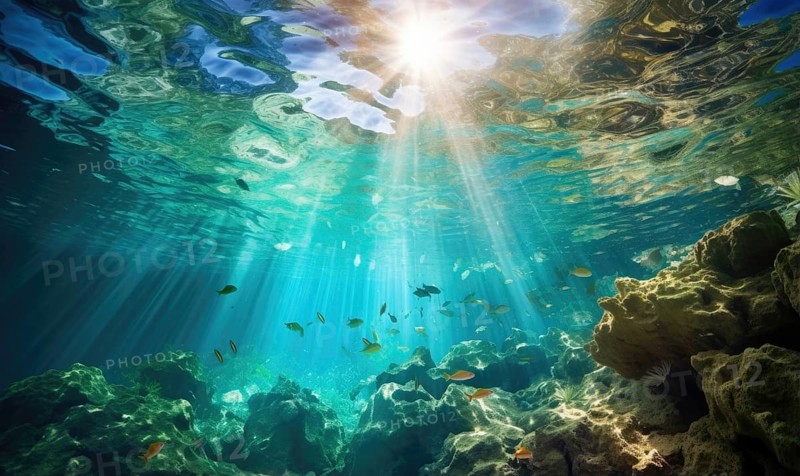 Underwater view of coral reef with sun rays shining through water surface Ai generated