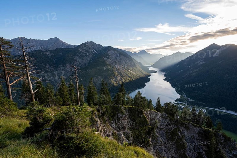 View of the Plansee lake from Schoenjoechl at sunset