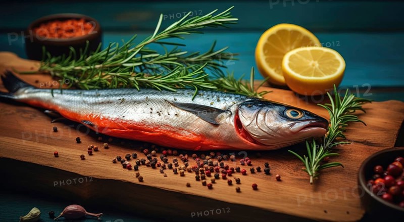 Fresh raw rainbow trout fish on ice with ingredients for cooking on dark background. Ai generated