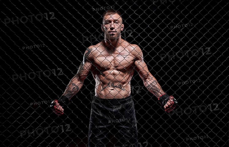 Dramatic image of a mixed martial arts fighter standing in an octagon cage. The concept of sports