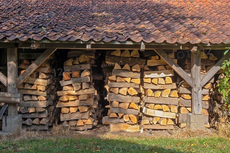 Neatly stacked firewood drying in a roofed